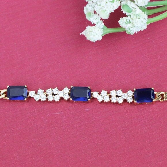 Rose Gold Chain Bracelet with Blue Emerald Cut & CZ, Luxe Contrast Look,XPBL0746 - Picture 10 of 12